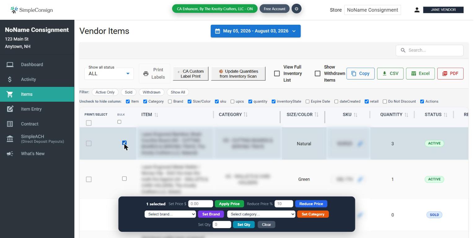 The bulk-actions bar with an item selected, showing Set Price, Reduce Price, Set Brand, Set Category, and Set Qty controls