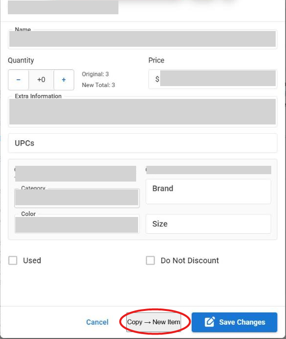 The Edit Item Details modal with the Copy to New Item button circled
