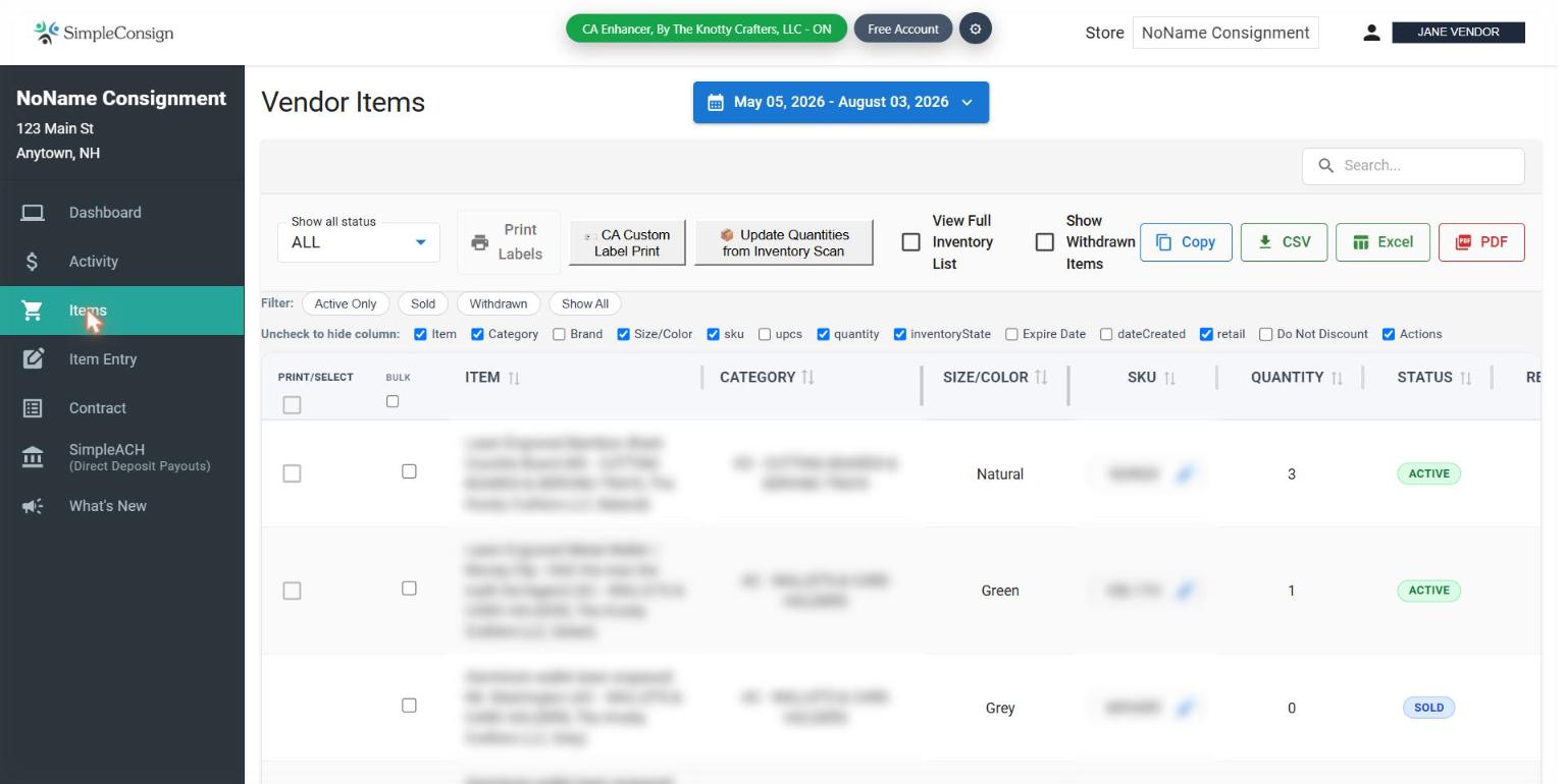 The Items table with split Category, Size/Color, and SKU columns