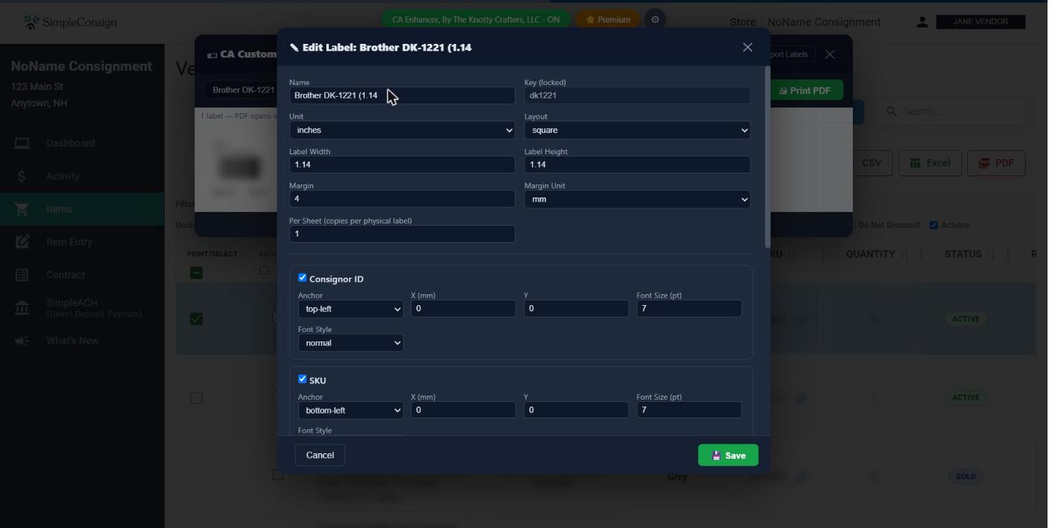 The Edit Label screen with layout, size, margin, and per-element font/position controls