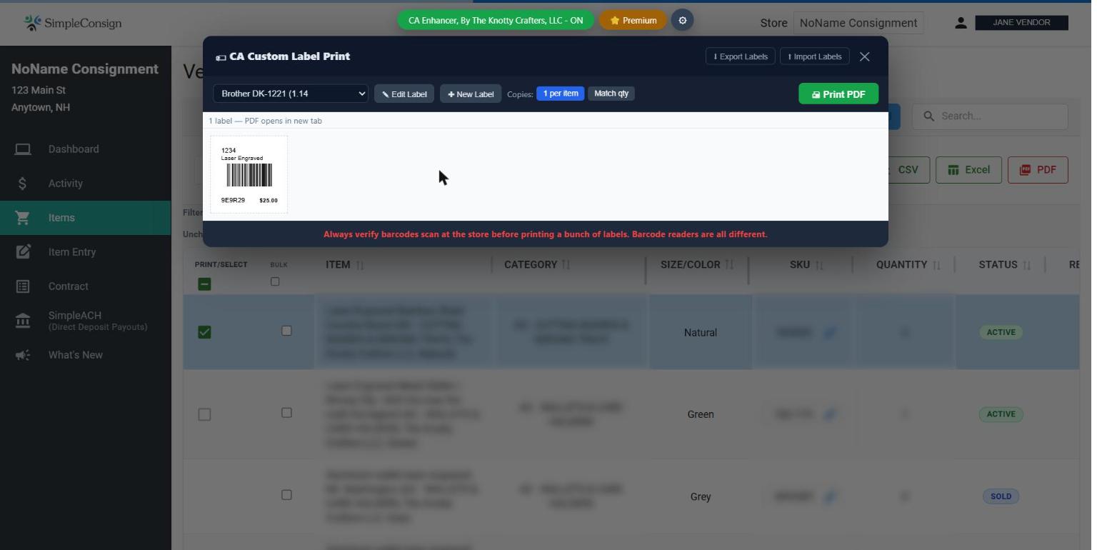 The CA Custom Label Print preview showing a generated barcode label