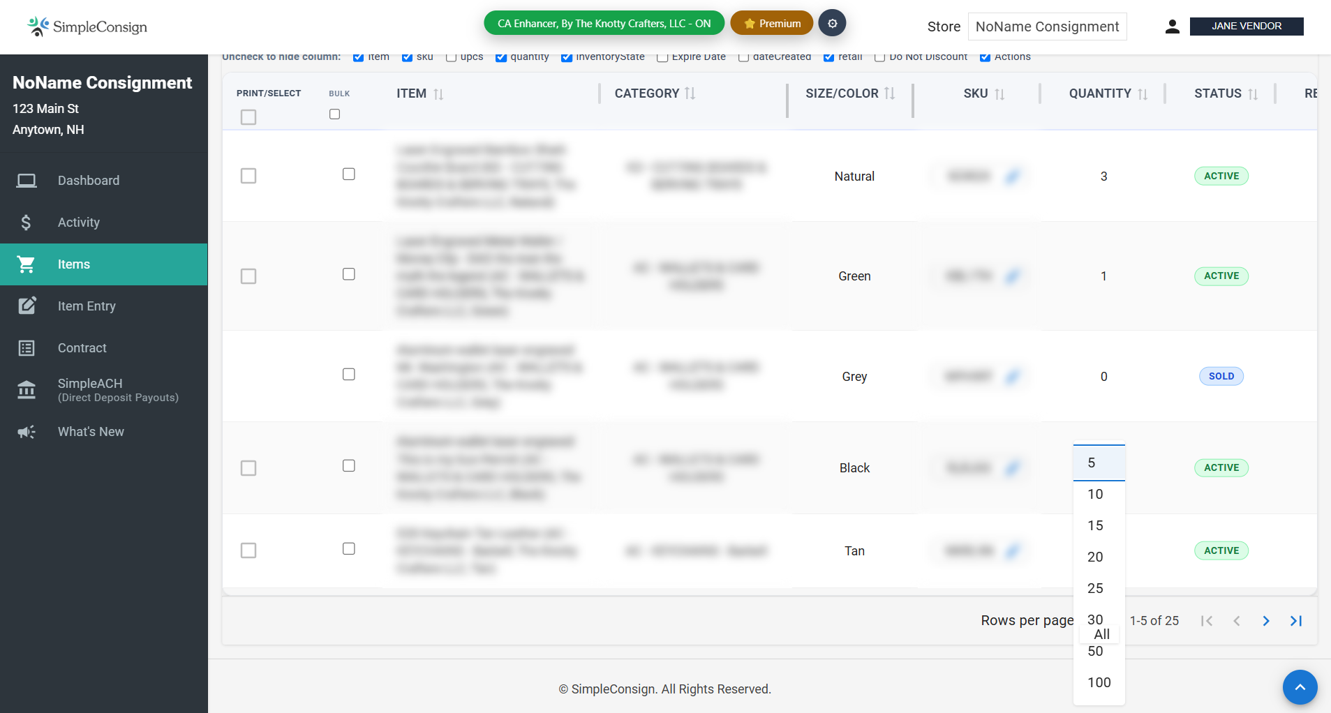 The Rows per page dropdown at the bottom of the Items table, with the All option highlighted
