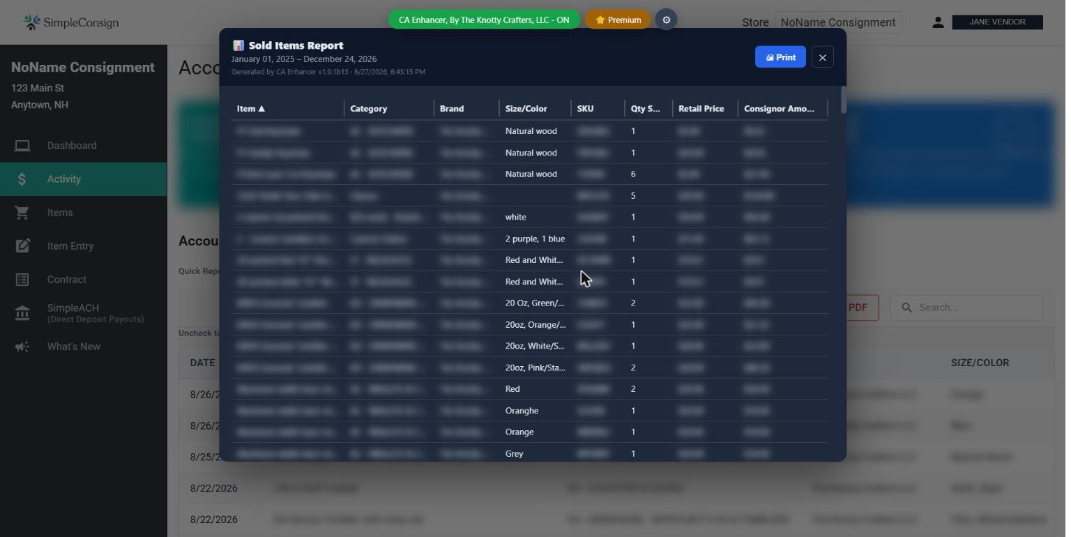 The Sold Items Report showing item, category, brand, SKU, quantity, and price columns